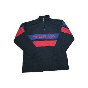 90s Vintage TIMBERLAND 1/4 Zip Spellout Striped Sweatshirt 100% Cotton ‎ Large